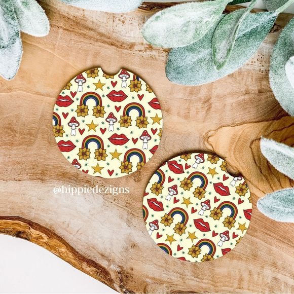 Rainbows & Mushrooms 🍄 Car Coaster Set | Hippie Coaster Set - Picture 1 of 9